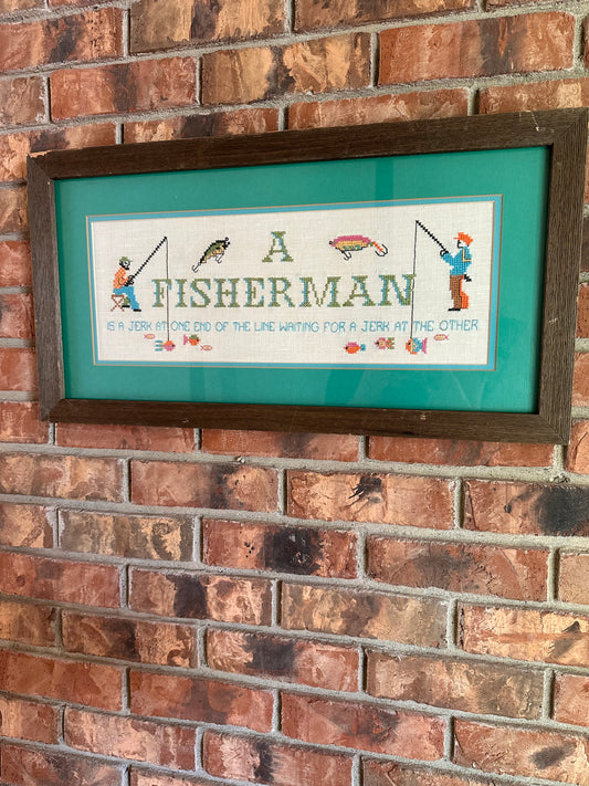 Vintage Framed Fisherman Cross Stitch Large 24”x13”
