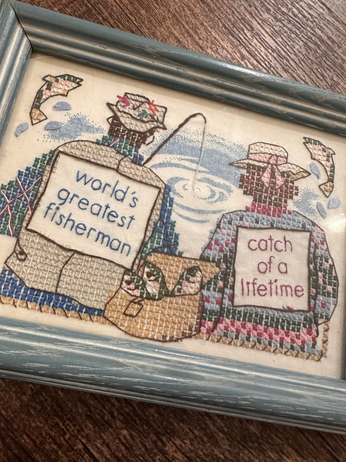 Vintage ‘95 Cross Stitch Fisherman Couple Framed 8.5”x6.5”