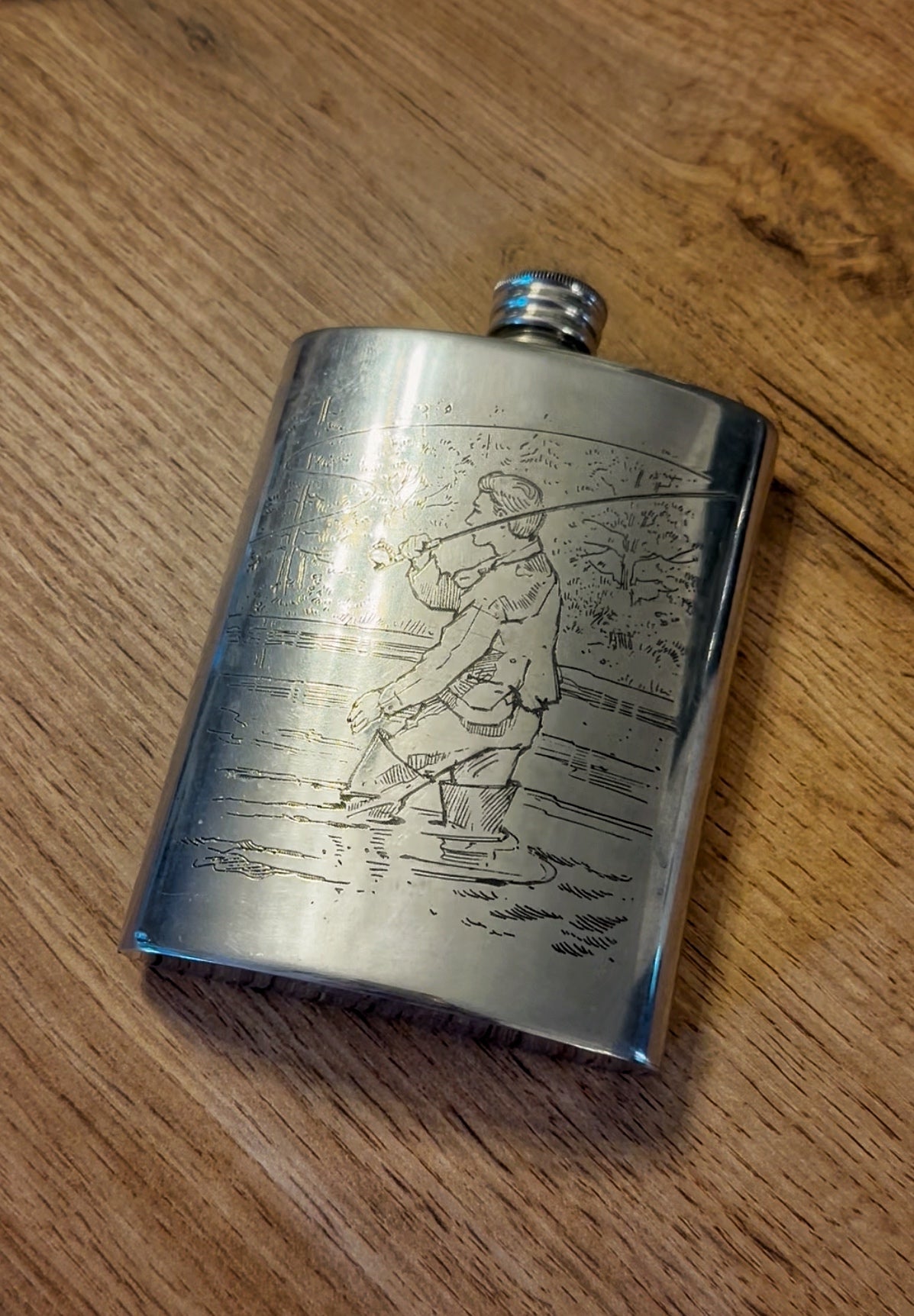 Vintage Comoy’s Pewter English Flask - Engraved Fly Fishing Scenes