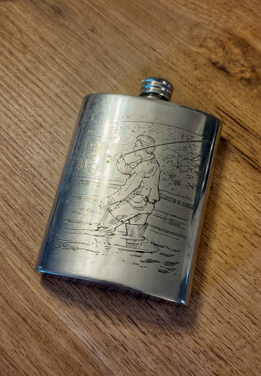 Vintage Comoy’s Pewter English Flask - Engraved Fly Fishing Scenes