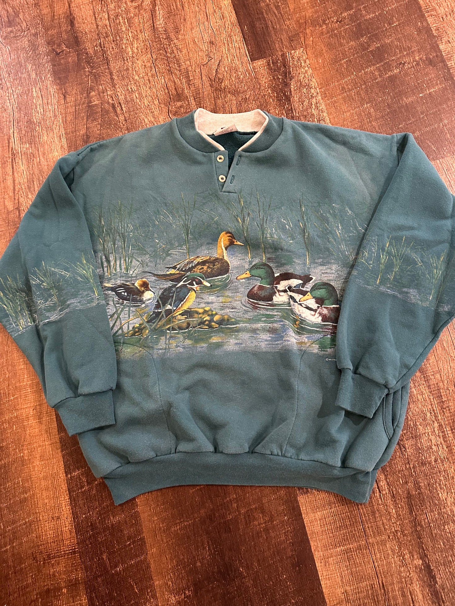 Vintage Art Unlimited Henley Crewneck (XL) Ducks Scene