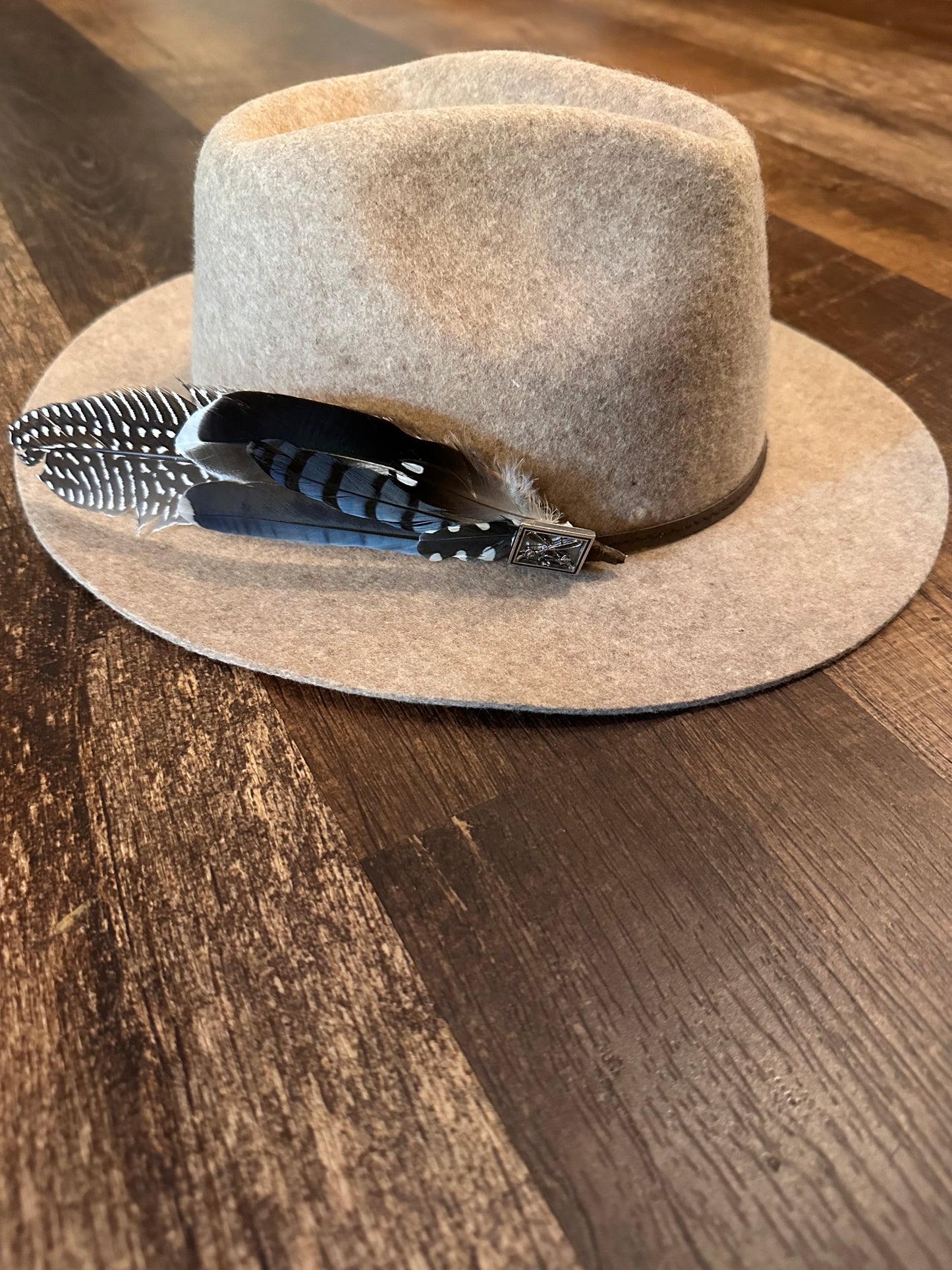 Hand Crafted Game Feathers Hat Pin with Silver Fly Rods and Lure Accent