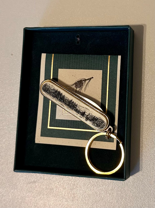 Vintage Barlow Keychain Pocket Knife Featuring Gold Tone Fly Fisherman Scene and Fly Lure (New in Box)