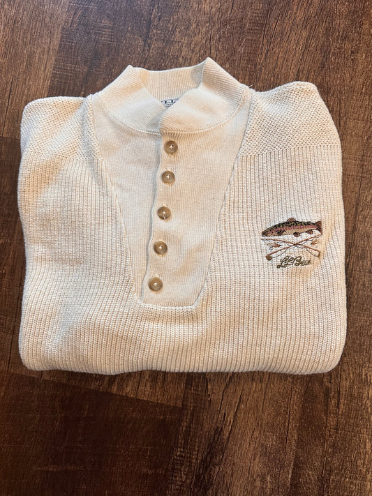 Vintage L.L. Bean Henley Sweater (L) Embroidered Trout Rod Logo - Cream white