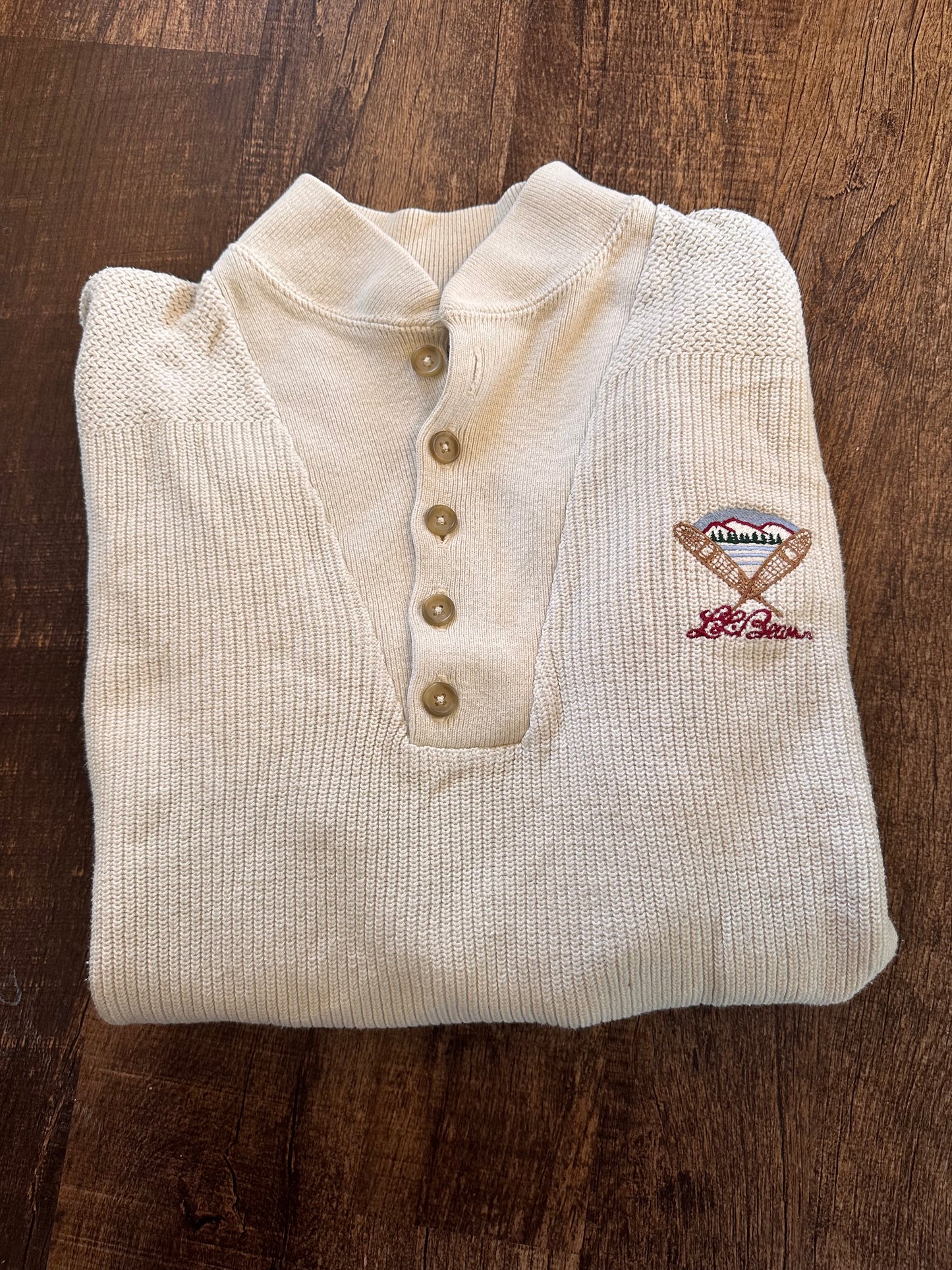 Vintage L.L. Bean Henley Sweater (XL) Embroidered Snowshoe Logo - Cream/White