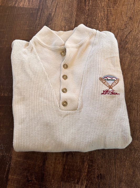 Vintage L.L. Bean Henley Sweater (XL) Embroidered Snowshoe Logo - Cream/White