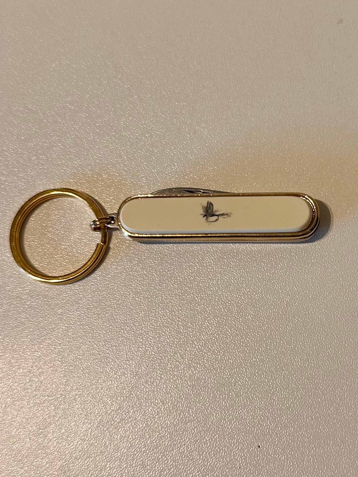 Vintage Barlow Keychain Pocket Knife Featuring Gold Tone Fly Fisherman Scene and Fly Lure (New in Box)