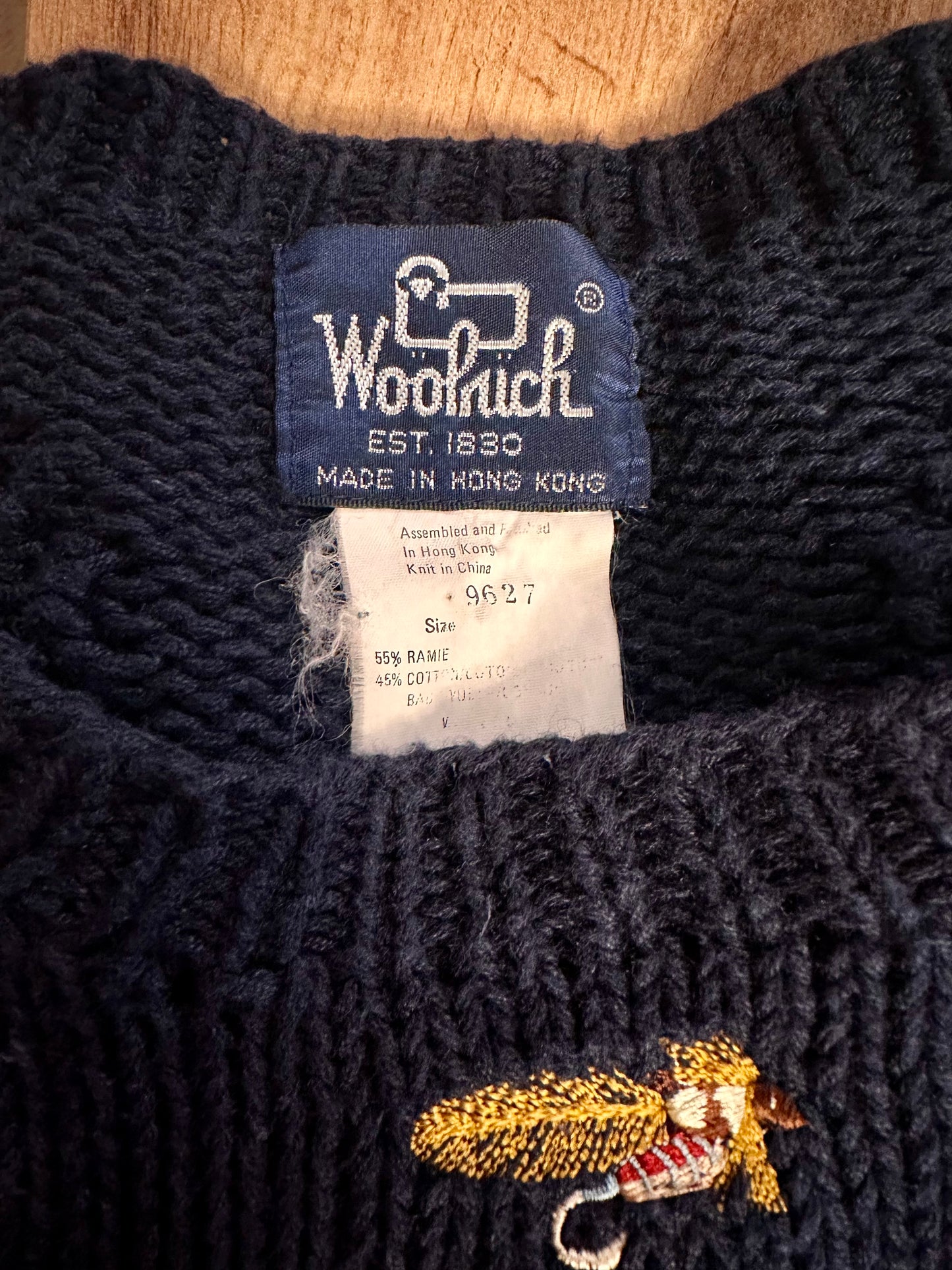 Vintage Woolrich Sweater (XL) Embroidered Fly Lures Dark Navy