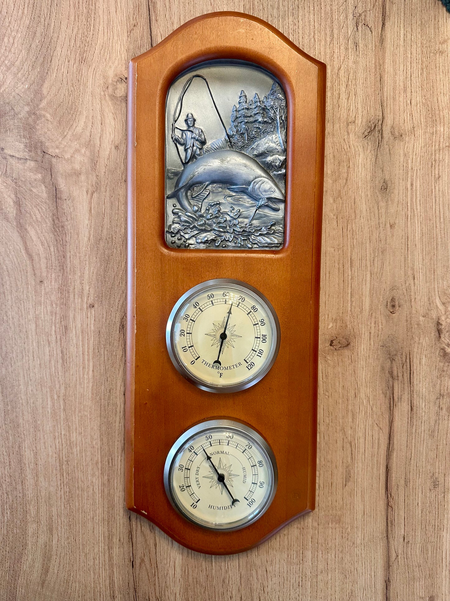 Vintage Thermometer and Hygrometer Weatherstation Featuring Fisherman and Trout in Mountains Scene