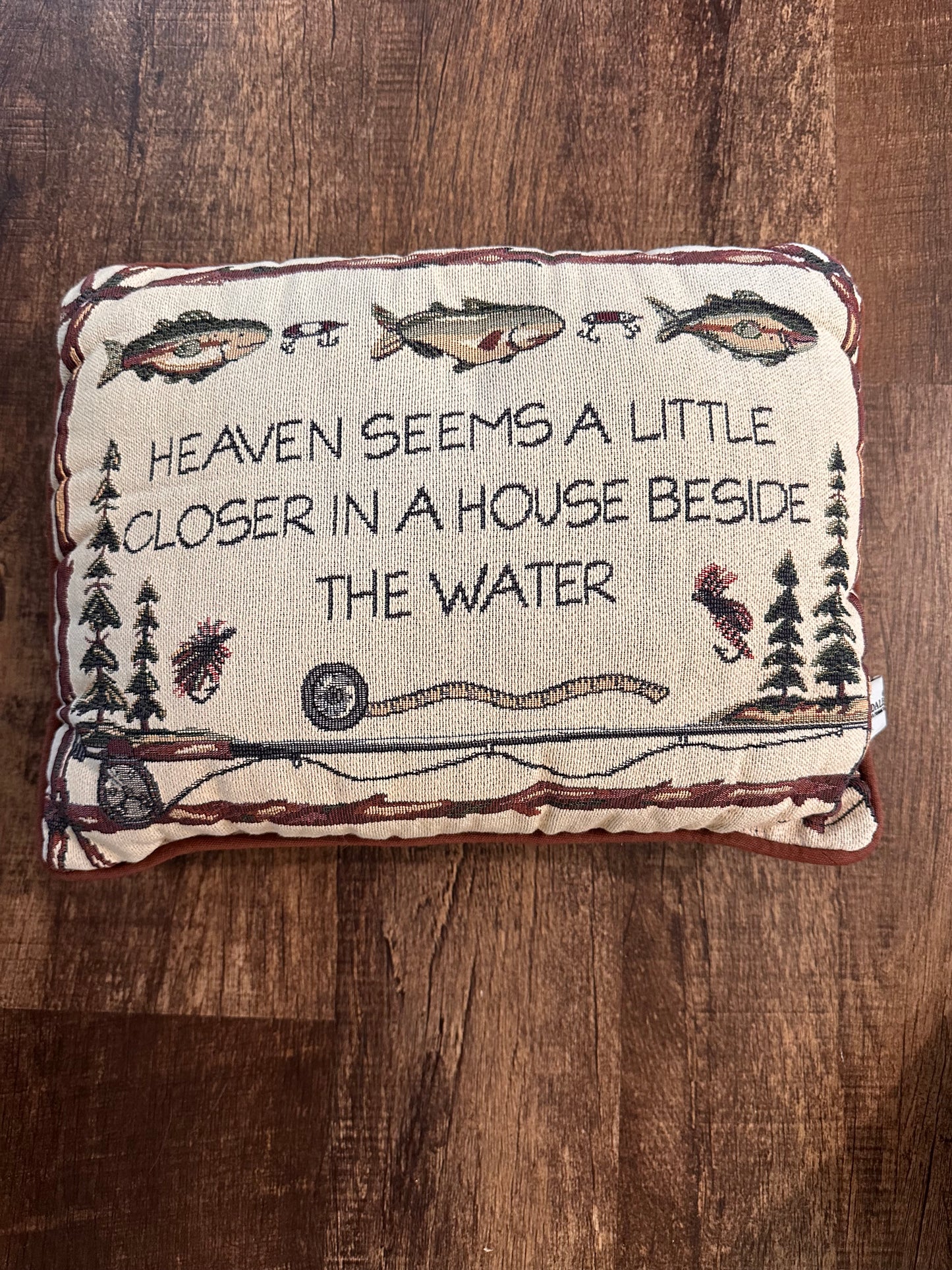 Vintage Riverside Tapestry Pillow - House Beside the Water