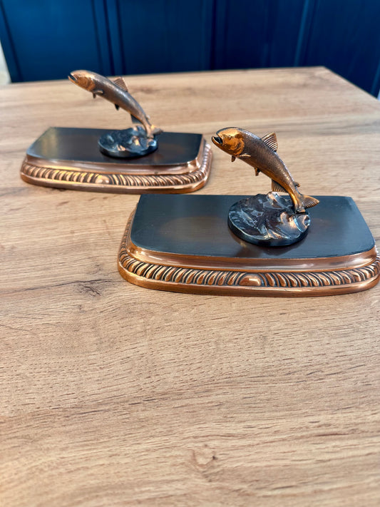 Vintage Brass Metal Bookends Featuring Leaping Trout