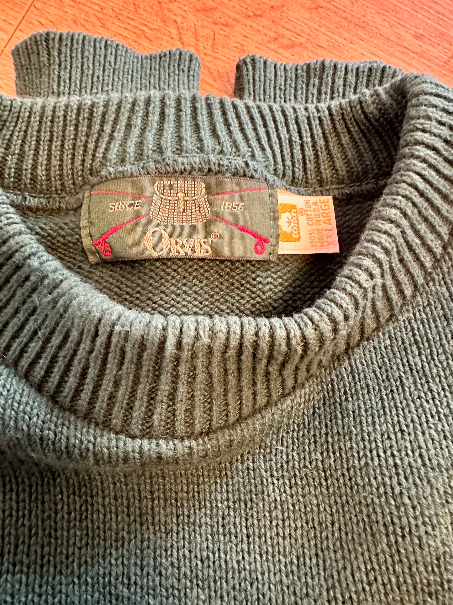 Vintage Orvis Sweater (XXL) Embroidered Trout and Fly Rod - Forest Green