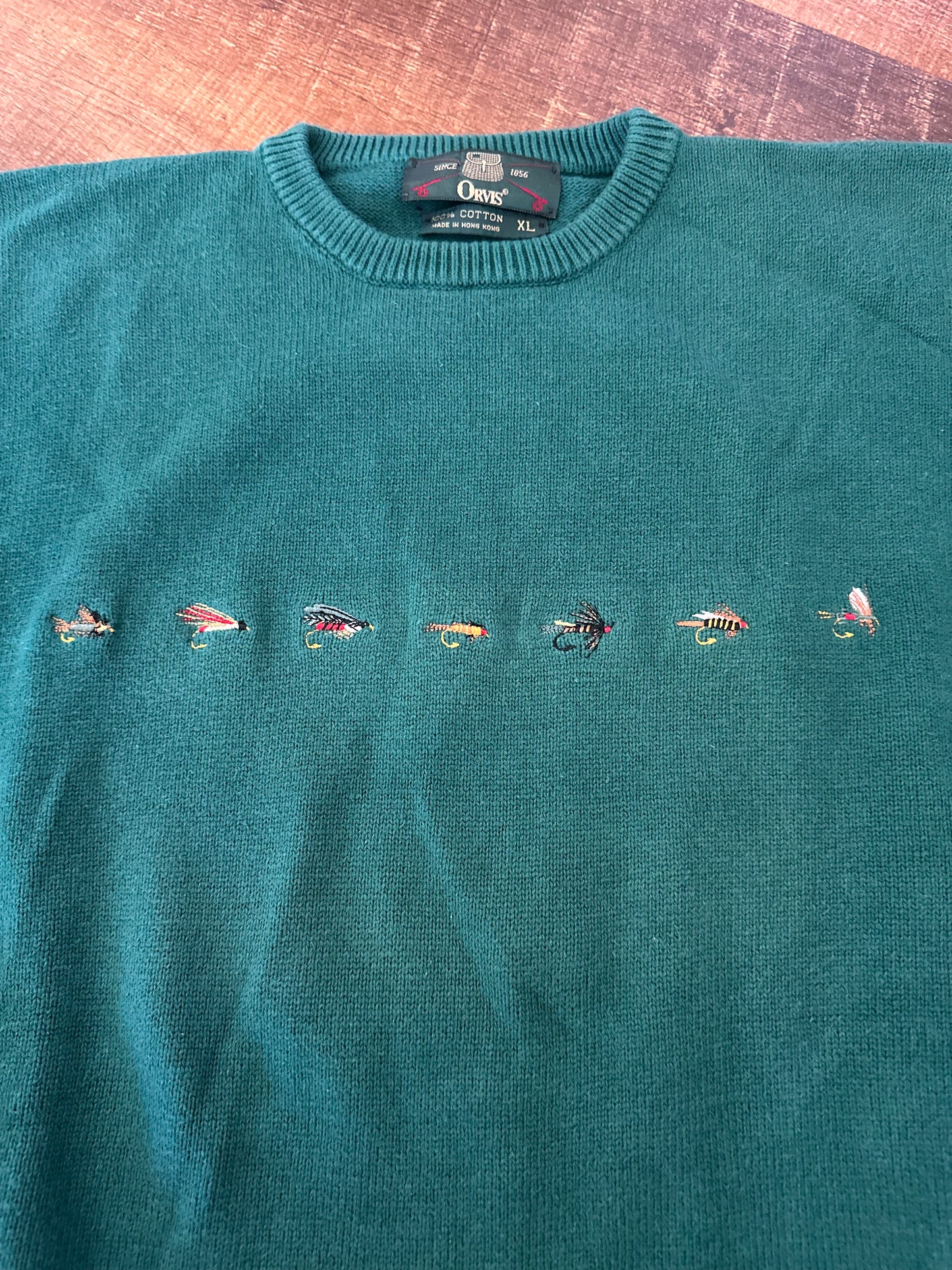 Rare Vintage Orvis Crewneck Sweater (XL) 7 Embroidered Flies - Green