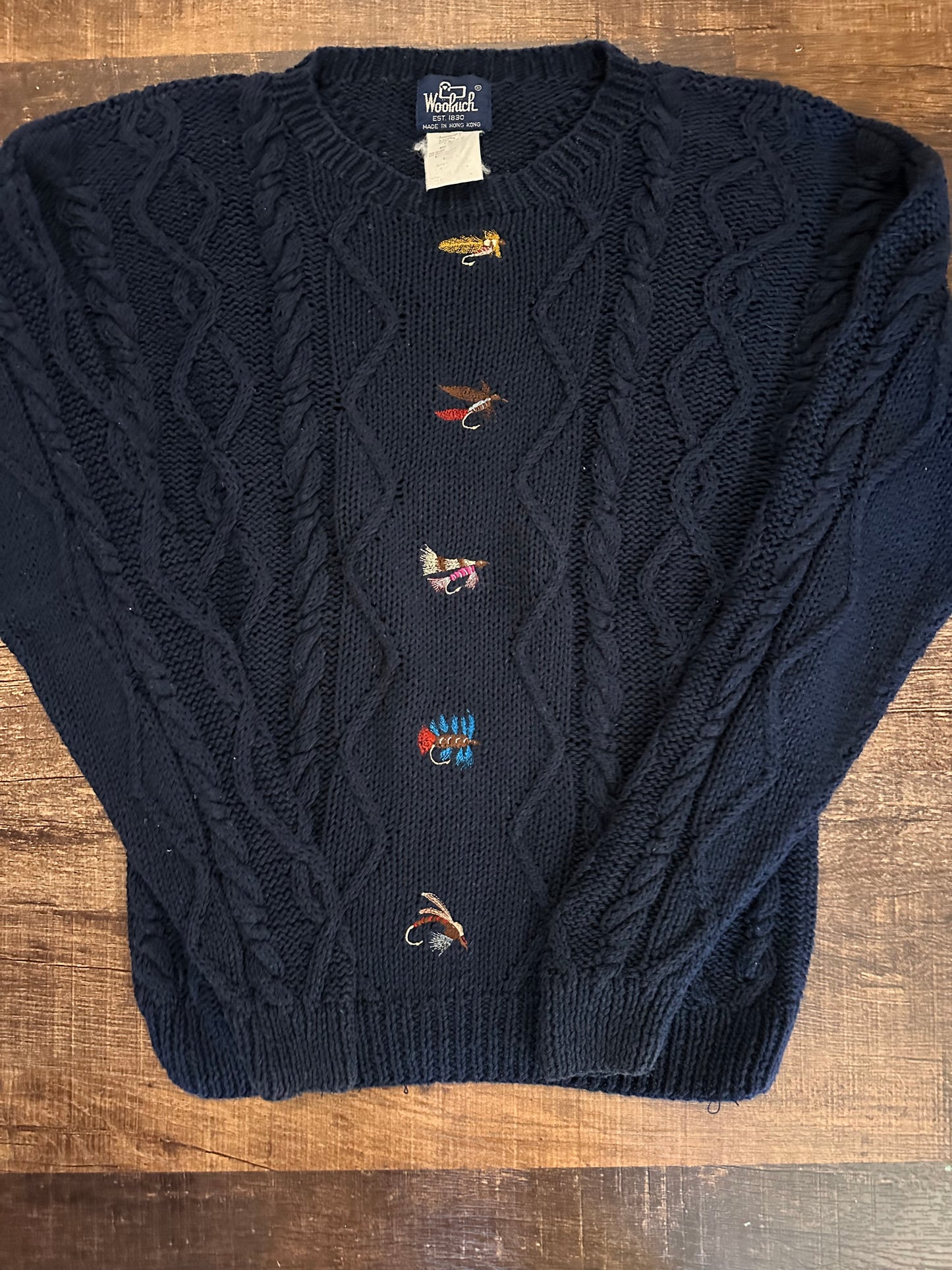 Vintage Woolrich Sweater (XL) Embroidered Fly Lures Dark Navy