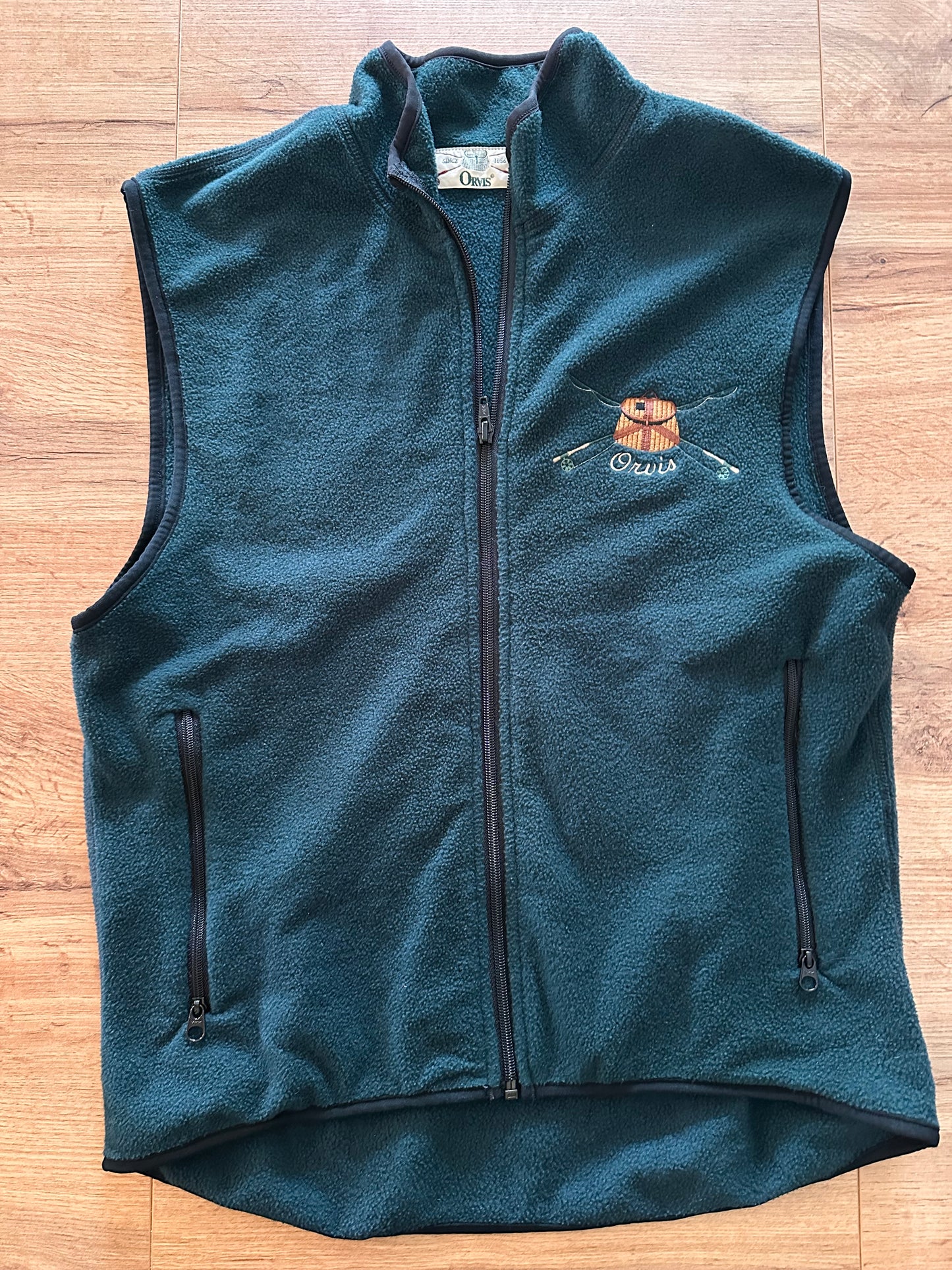 Vintage Orvis Fleece Vest (M) Embroidered Creel and Rods - Forest Green