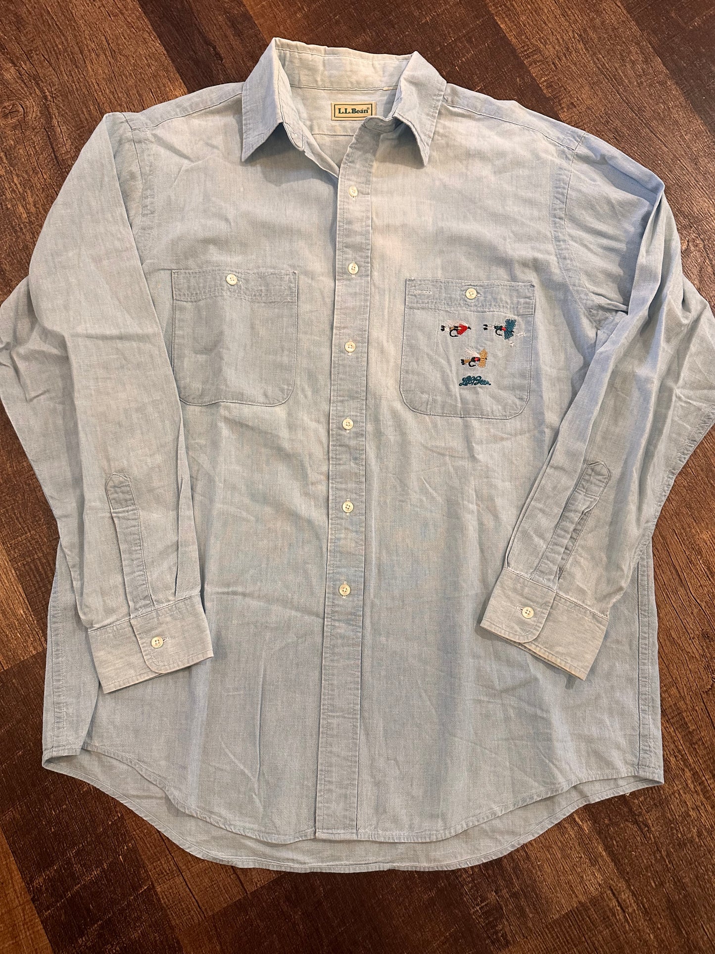 Vintage 80s LL Bean Chambray Shirt (XL) Embroidered Flies Logo