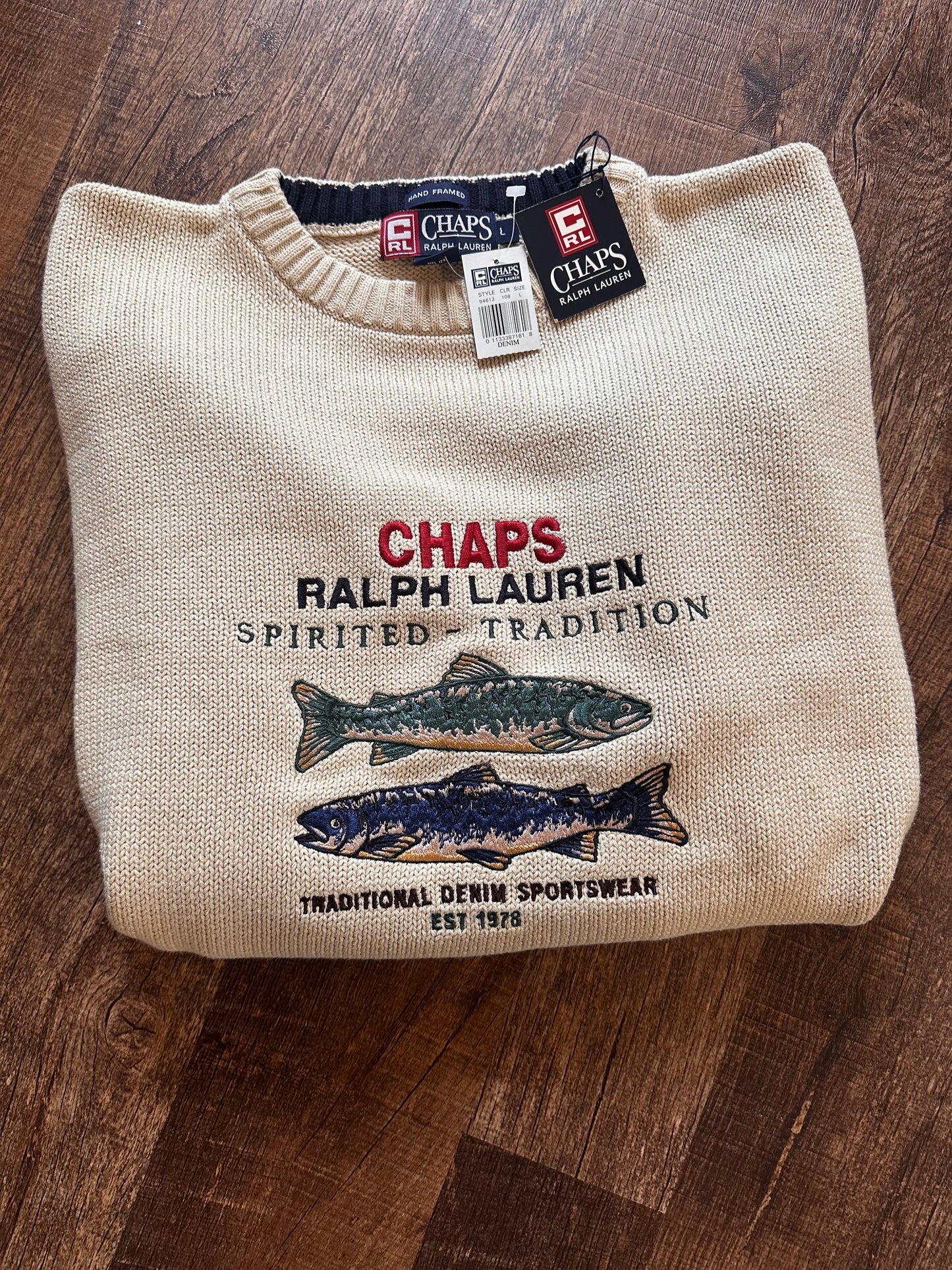 Vintage Chaps RL Sweater (L) Embroidered Logo and Trout - Beige/Cream - NWT