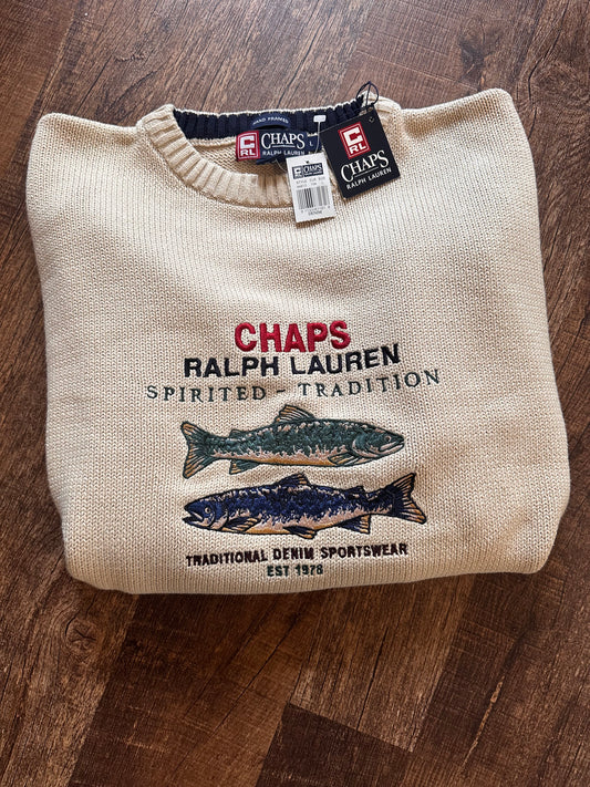 Vintage Chaps RL Sweater (L) Embroidered Logo and Trout - Beige/Cream - NWT