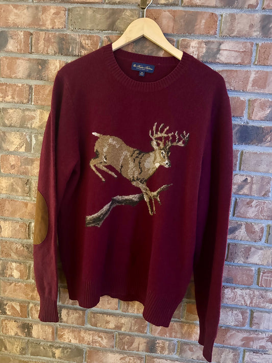 Brooks Brothers Sweater (XL) Whitetail Buck with Suede Elbow Patch - Maroon