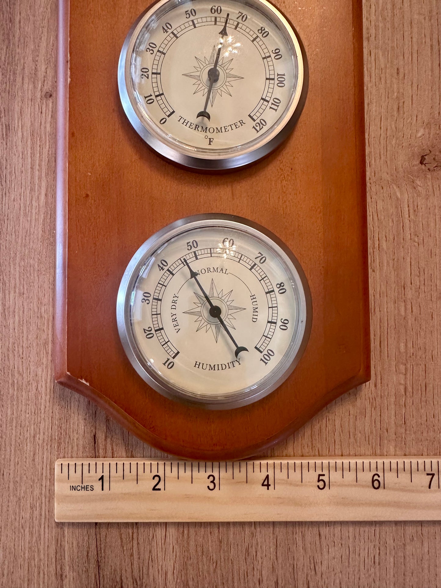 Vintage Thermometer and Hygrometer Weatherstation Featuring Fisherman and Trout in Mountains Scene
