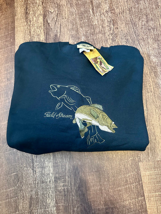 Vintage *with tags* Field & Stream Crewneck (M) Embroidered Double Walleye - Black