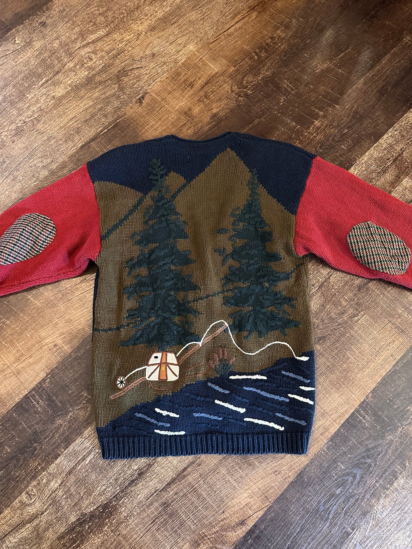 Vintage Sharon Young Knit Cardigan (M) Lady Angler Fishing Scene with Elbow Patches