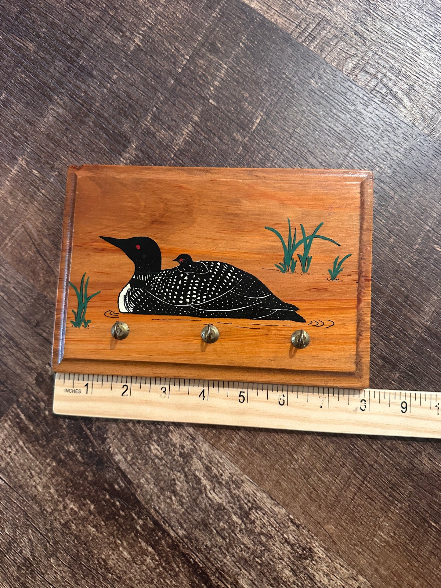 Vintage Painted Loon Wooden Key Holder Plaque 8”x5.5”