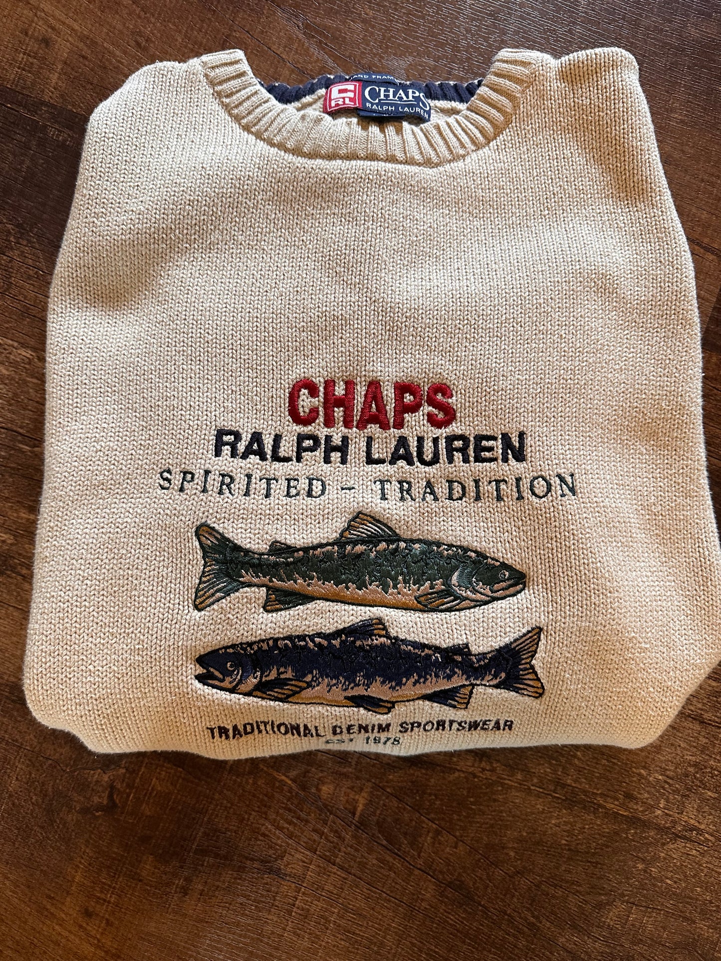 Vintage CHAPS RL Crewneck Sweater (L) Embroidered Spirited Tradition Trout - Cream