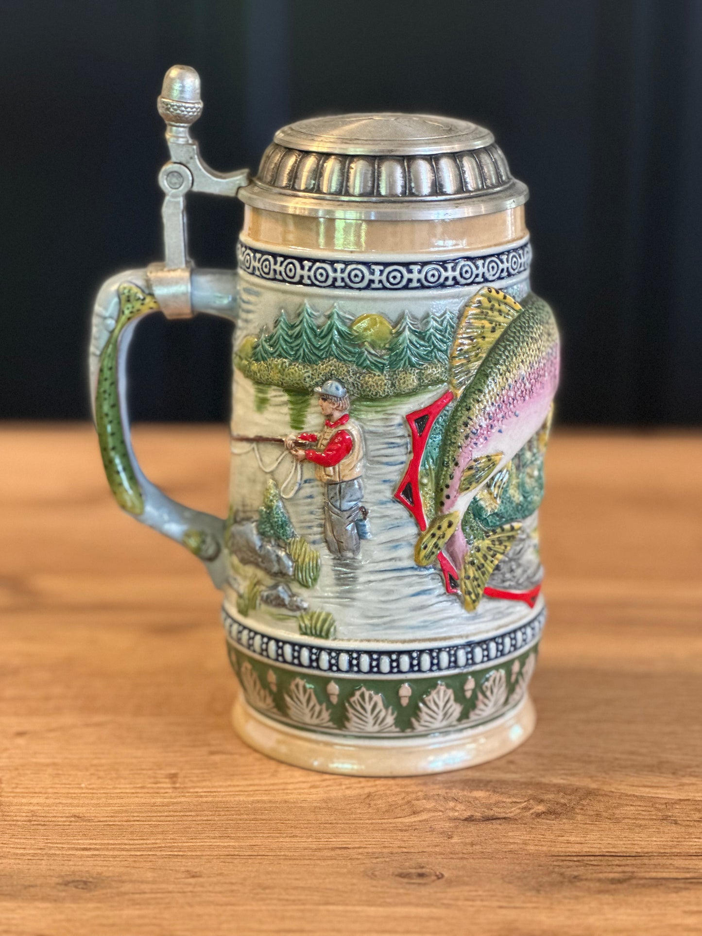 Vintage 3D Fly Fishing Trout Beer Stein (unbranded)