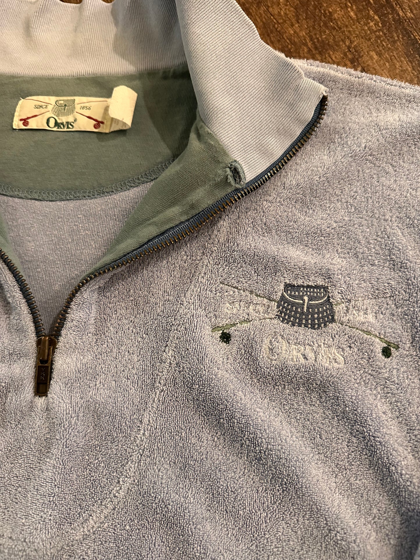Vintage Orvis 1/4 Zip (XXL) Terry Cloth Embroidered Creel Rods Logo - Periwinkle