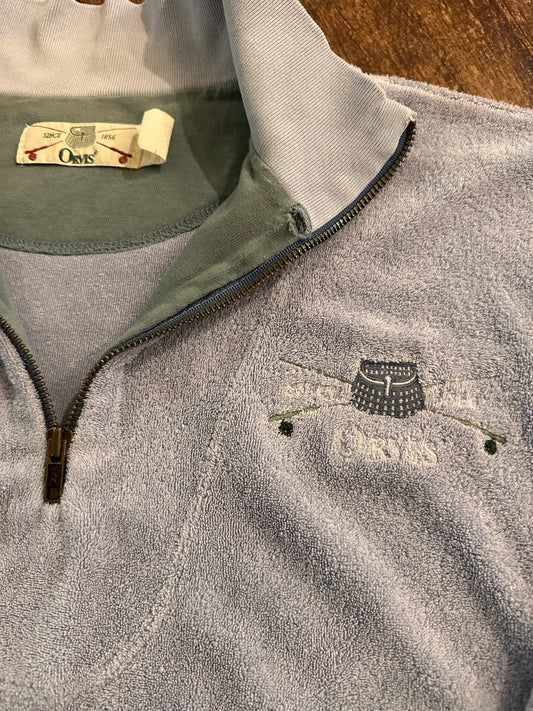 Vintage Orvis 1/4 Zip (XXL) Terry Cloth Embroidered Creel Rods Logo - Periwinkle