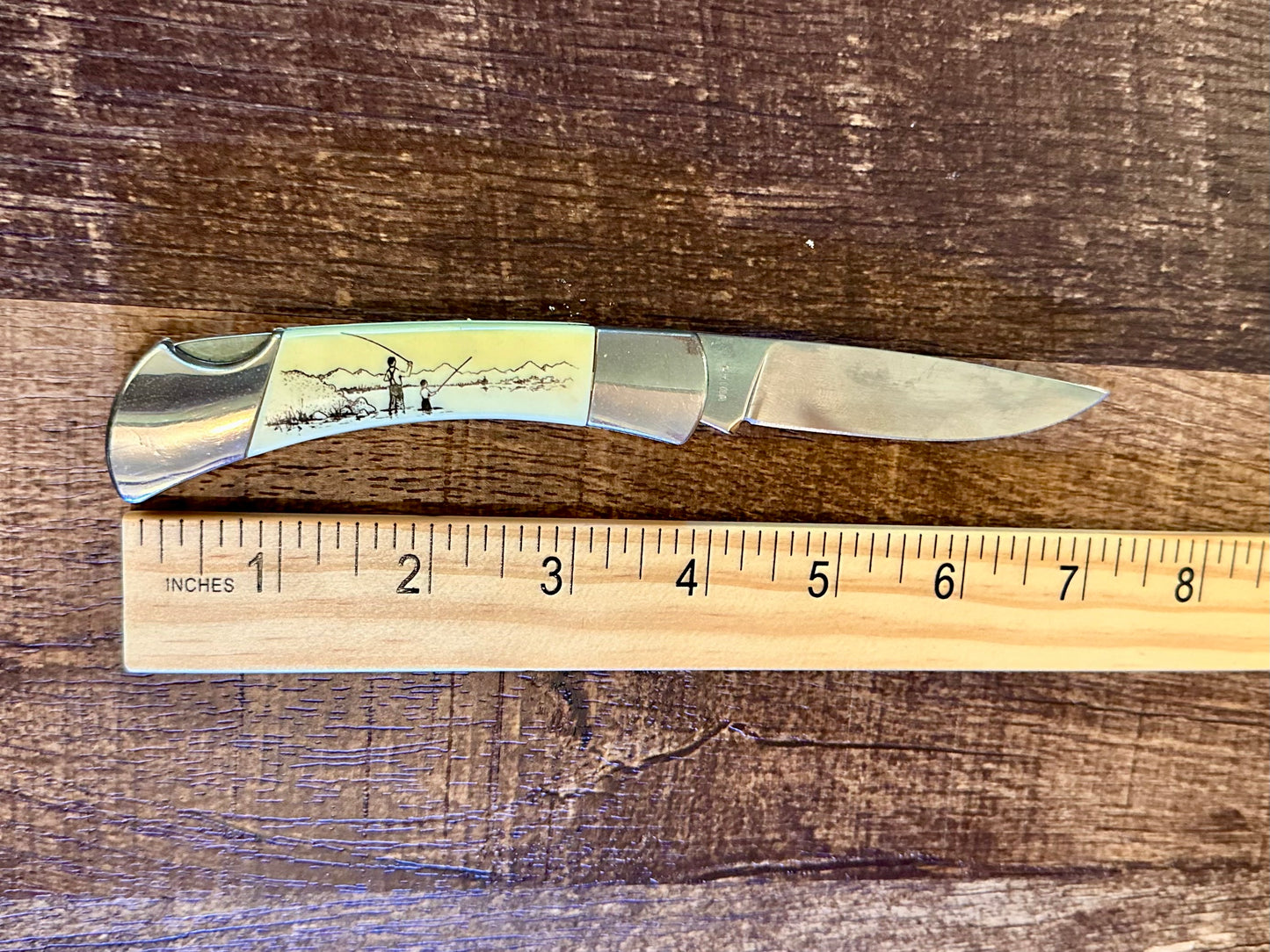 Vintage SABRE Pocket Knife - Folding Fly Fishing Lockback (Stainless Scrimshaw)