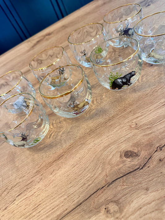 RARE 🥃 Ned Smith “Big Game” Low Ball Whiskey Glasses (Set of 8)