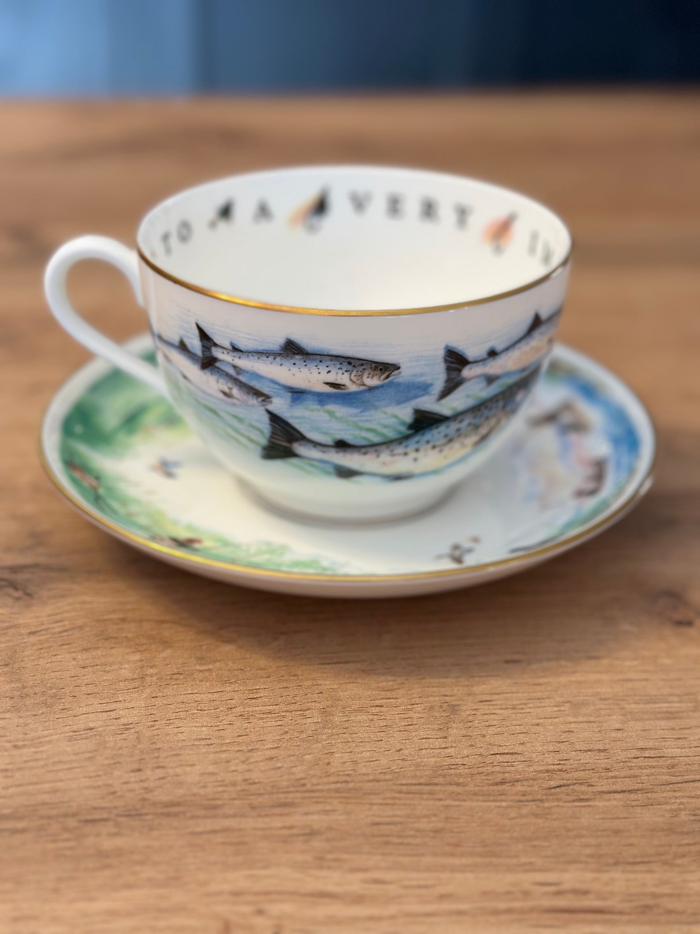 Rare Vintage Royal Worcester Cup and Saucer “To A Very Important Person” Trout and Fly Fishing Scenes