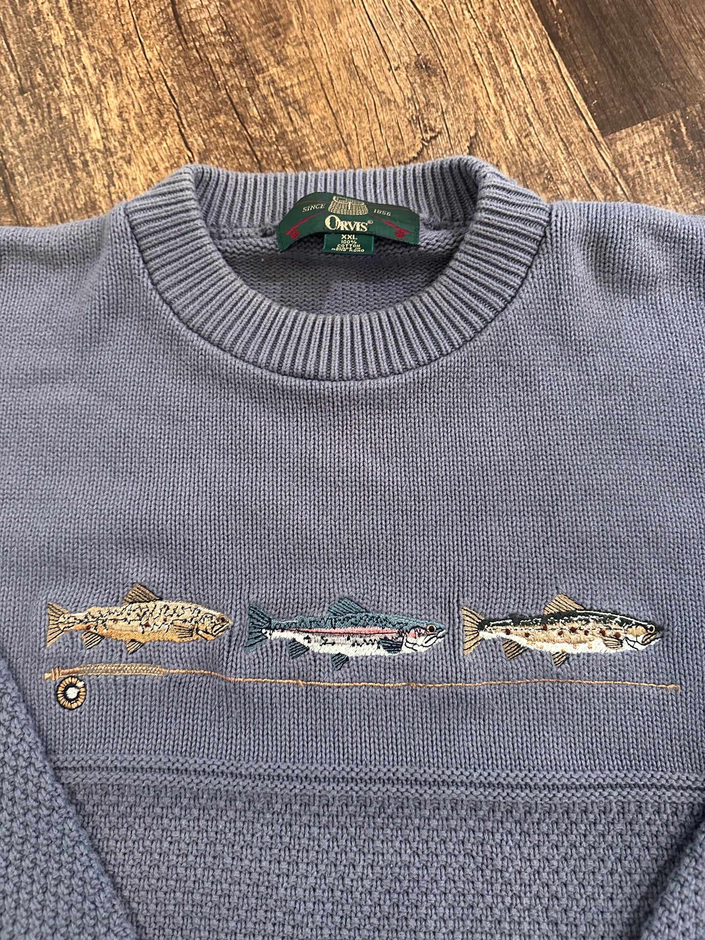 Vintage Orvis Sweater (XXL) Embroidered Three Trout & Rod- Periwinkle