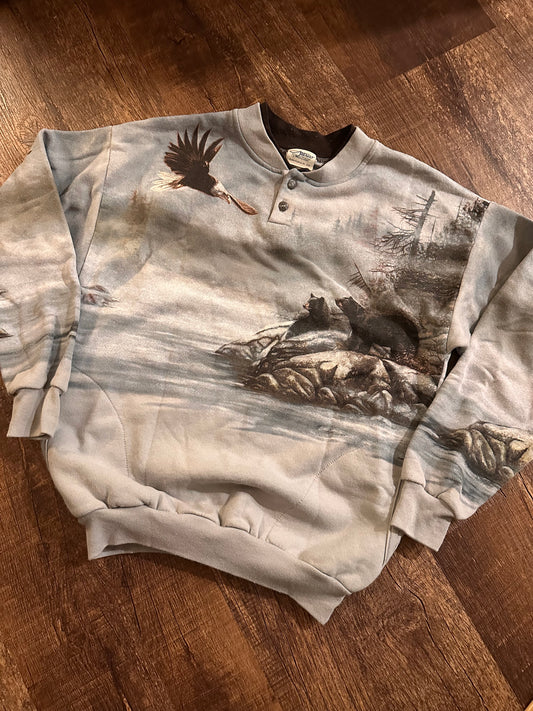 Vintage Artisans Henley Crewneck (M) Eagle and Bears Wraparound Graphic