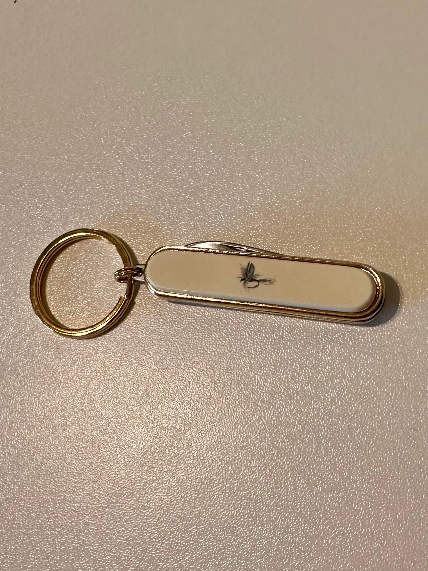 Vintage Barlow Keychain Pocket Knife Featuring Gold Tone Fly Fisherman Scene and Fly Lure (New in Box)