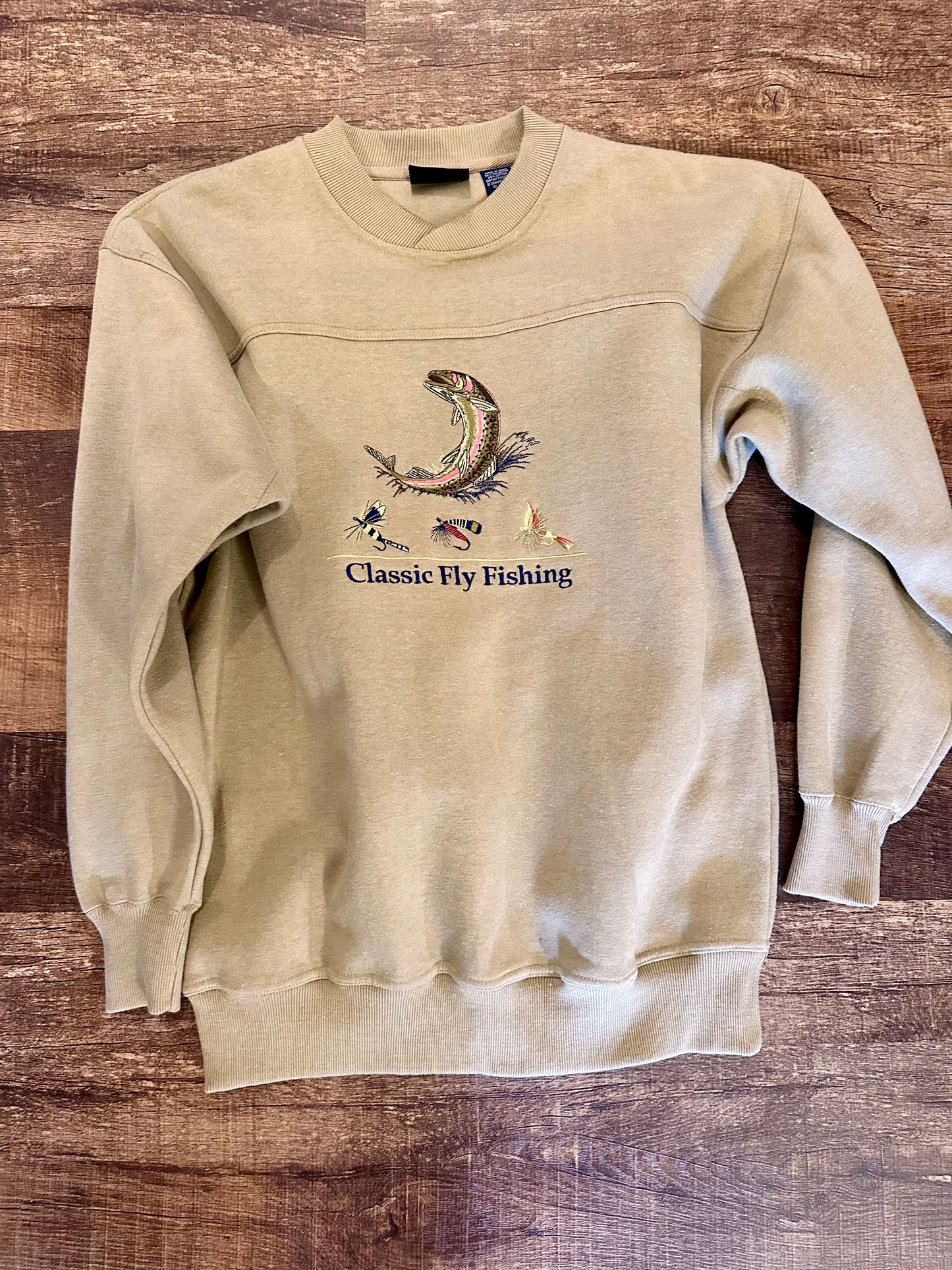 Vintage Crable Sportswear Sweatshirt (L) Embroidered Classic Fly Fishing Trout and Fly Beige
