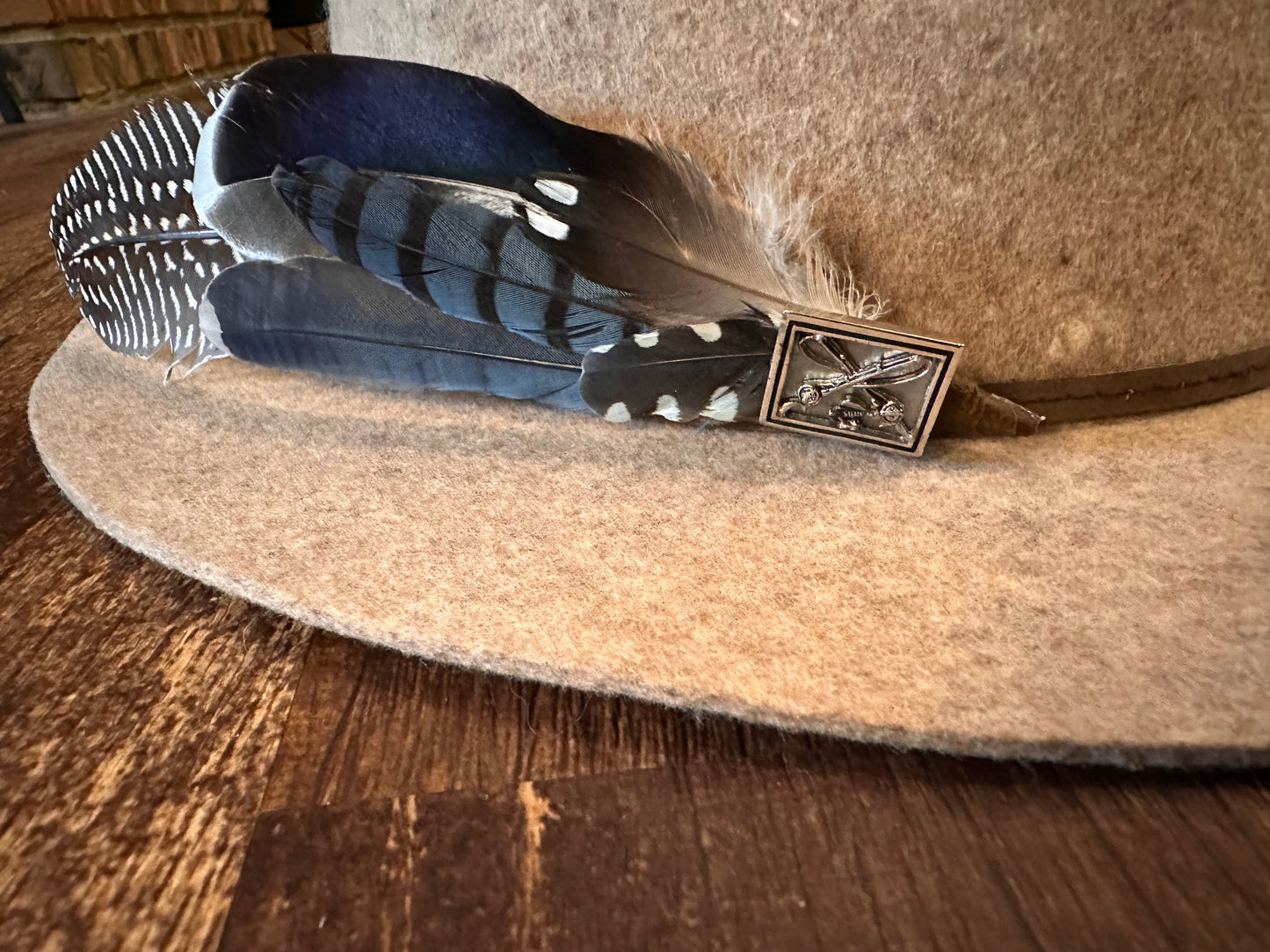 Hand Crafted Game Feathers Hat Pin with Silver Fly Rods and Lure Accent