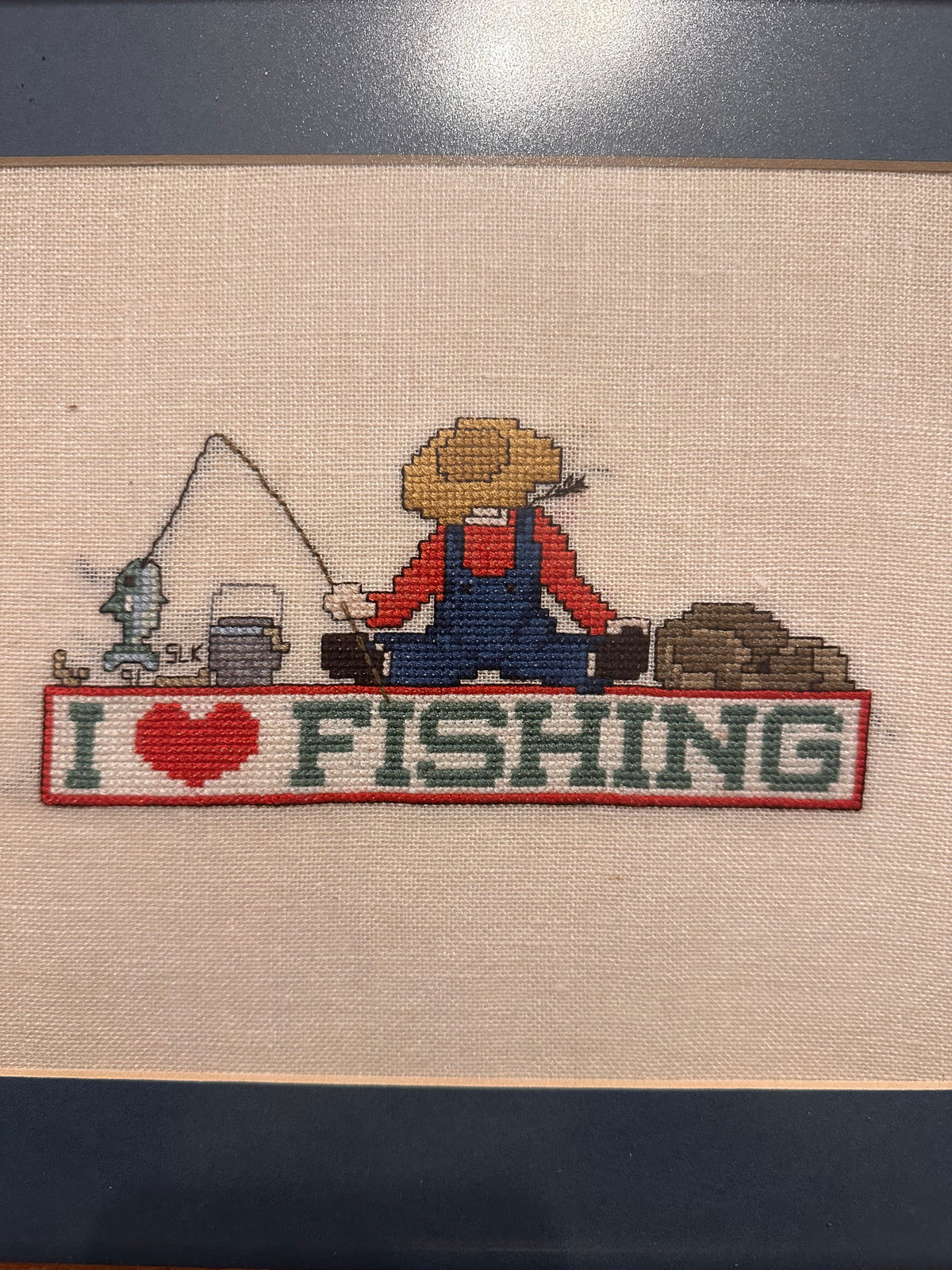 Vintage 1991 Cross Stitch I ❤️ Fishing Framed 15.5”x12.5”