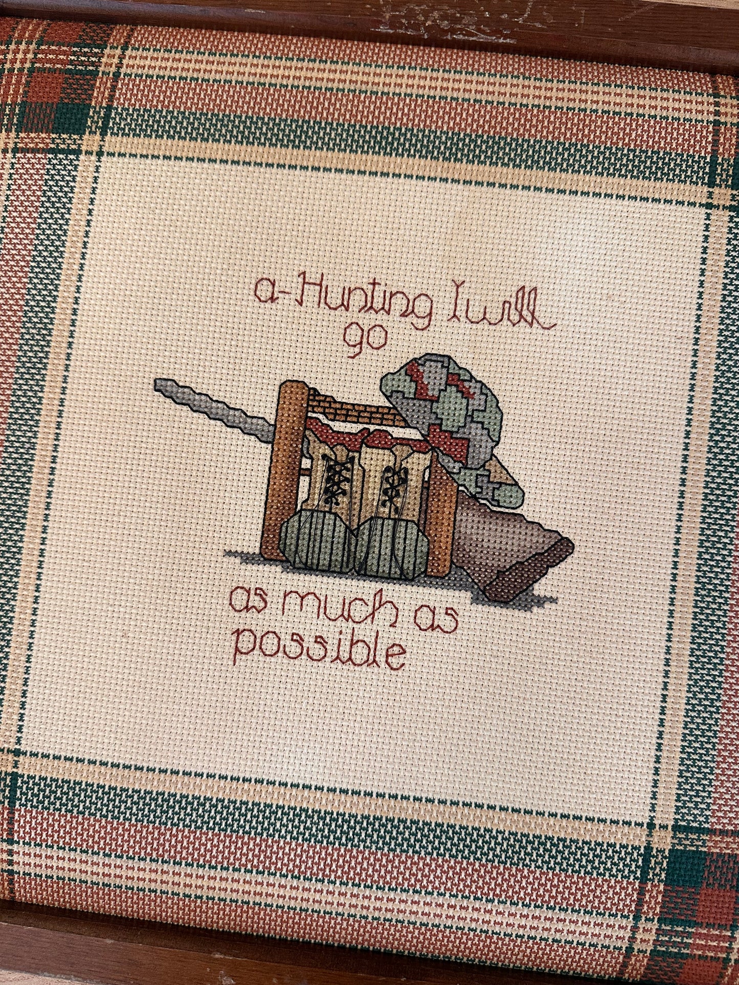 Vintage Cross Stitch Plaid Padded Cross Frame - “A Hunting I Will Go”