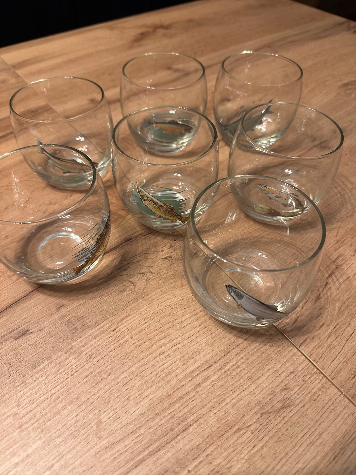Vintage Ned Smith Trout Series Lowball Whiskey Glasses (Set of 7+1)