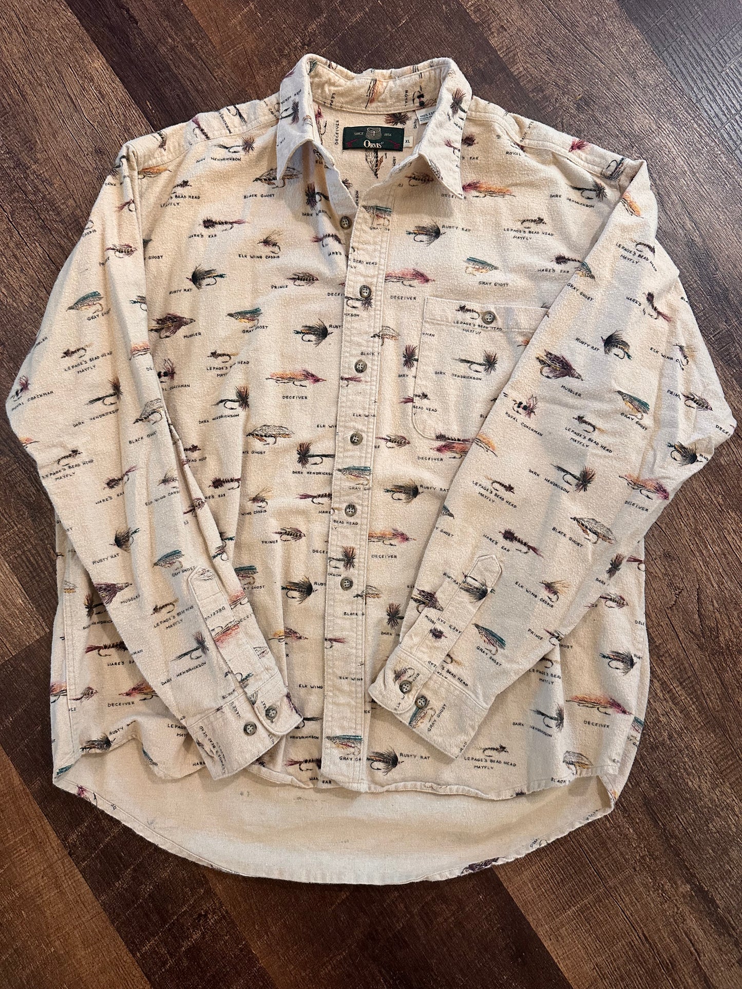 Vintage Orvis Flannel (XL) Fly Patterns - Beige