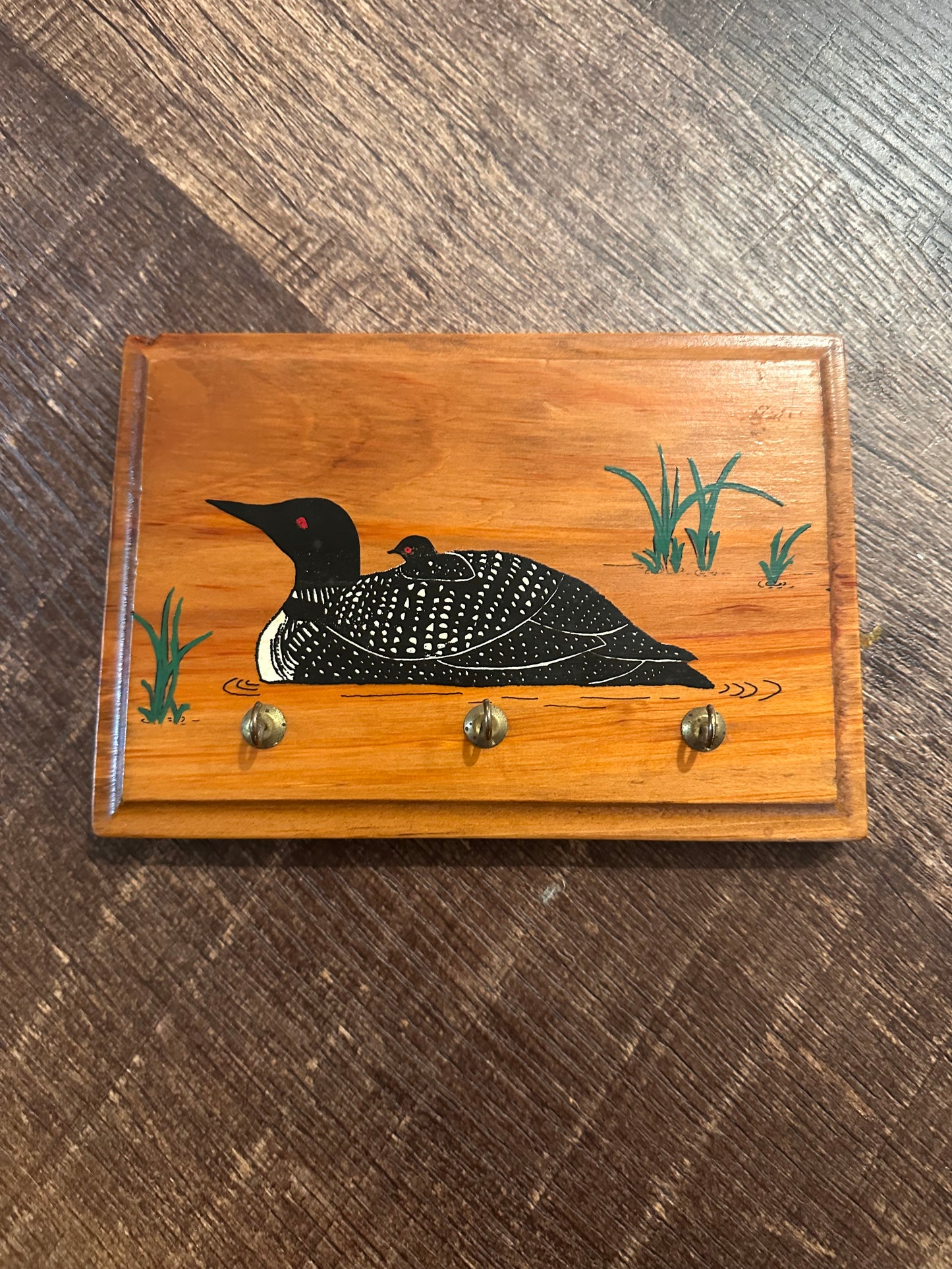 Vintage Painted Loon Wooden Key Holder Plaque 8”x5.5”