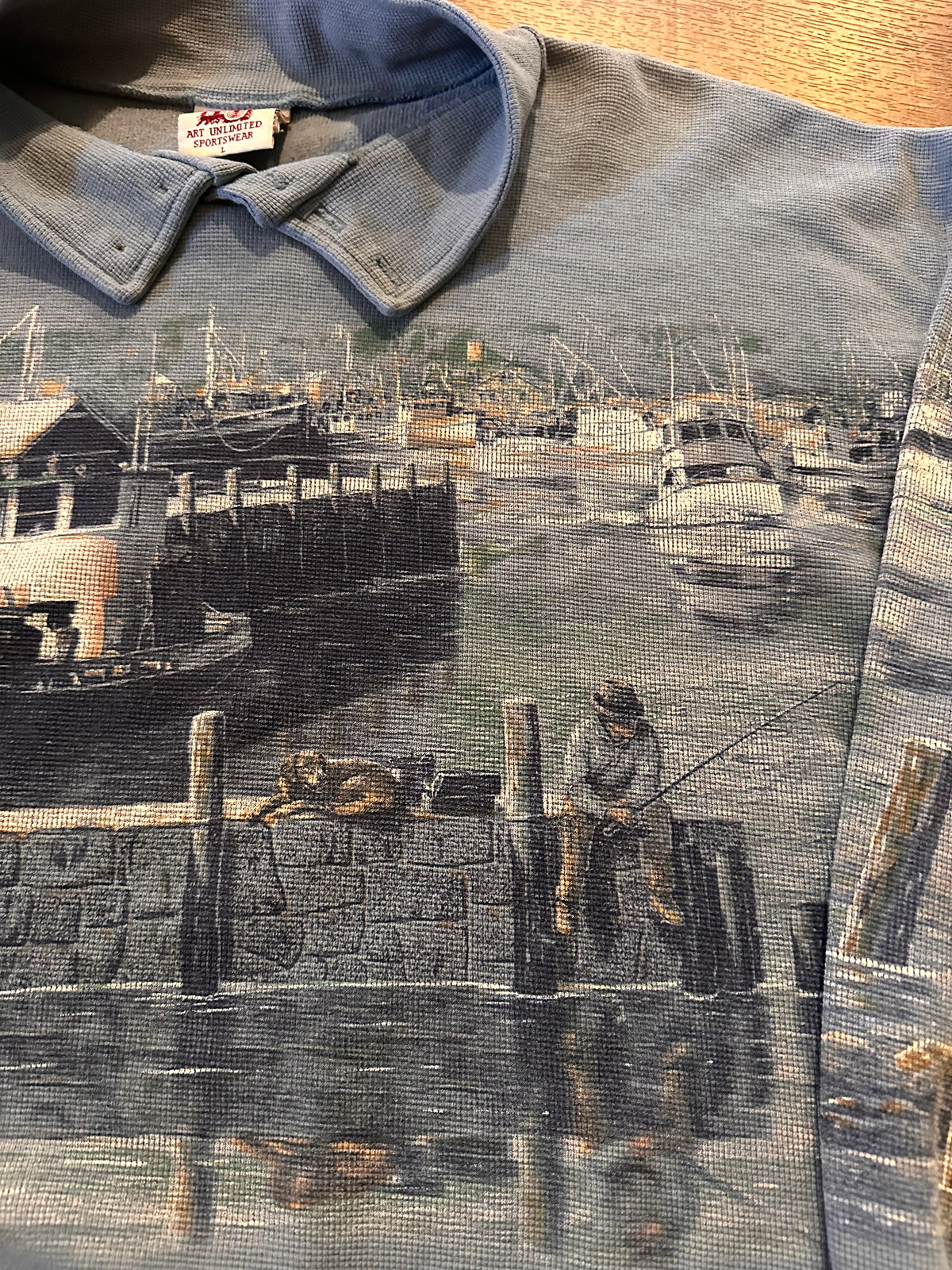 Vintage Art Unlimited Turtle Crewneck (L) Waffle knit East Coast Fishing Man Wraparound Graphic