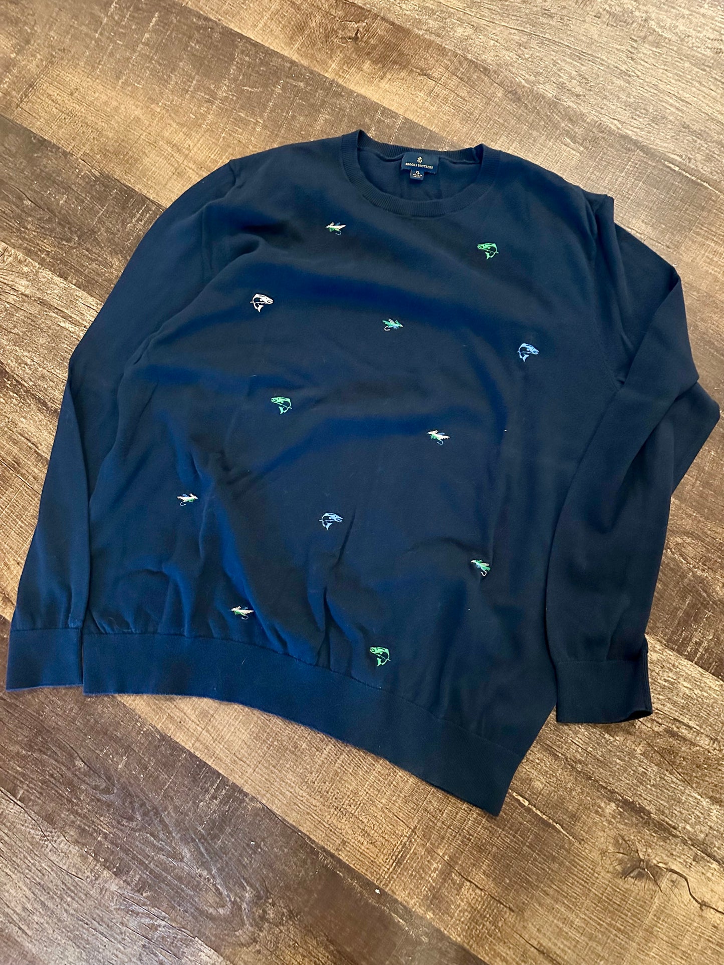 Brooks Brothers Sweater (XL) Embroidered Fly Fishing Navy Blue