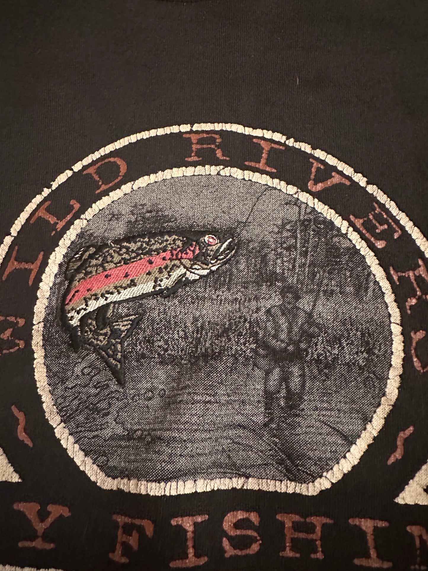 Vintage Nutmeg Crewneck (L) Nature Wild Rivers Embroidered Trout - Black