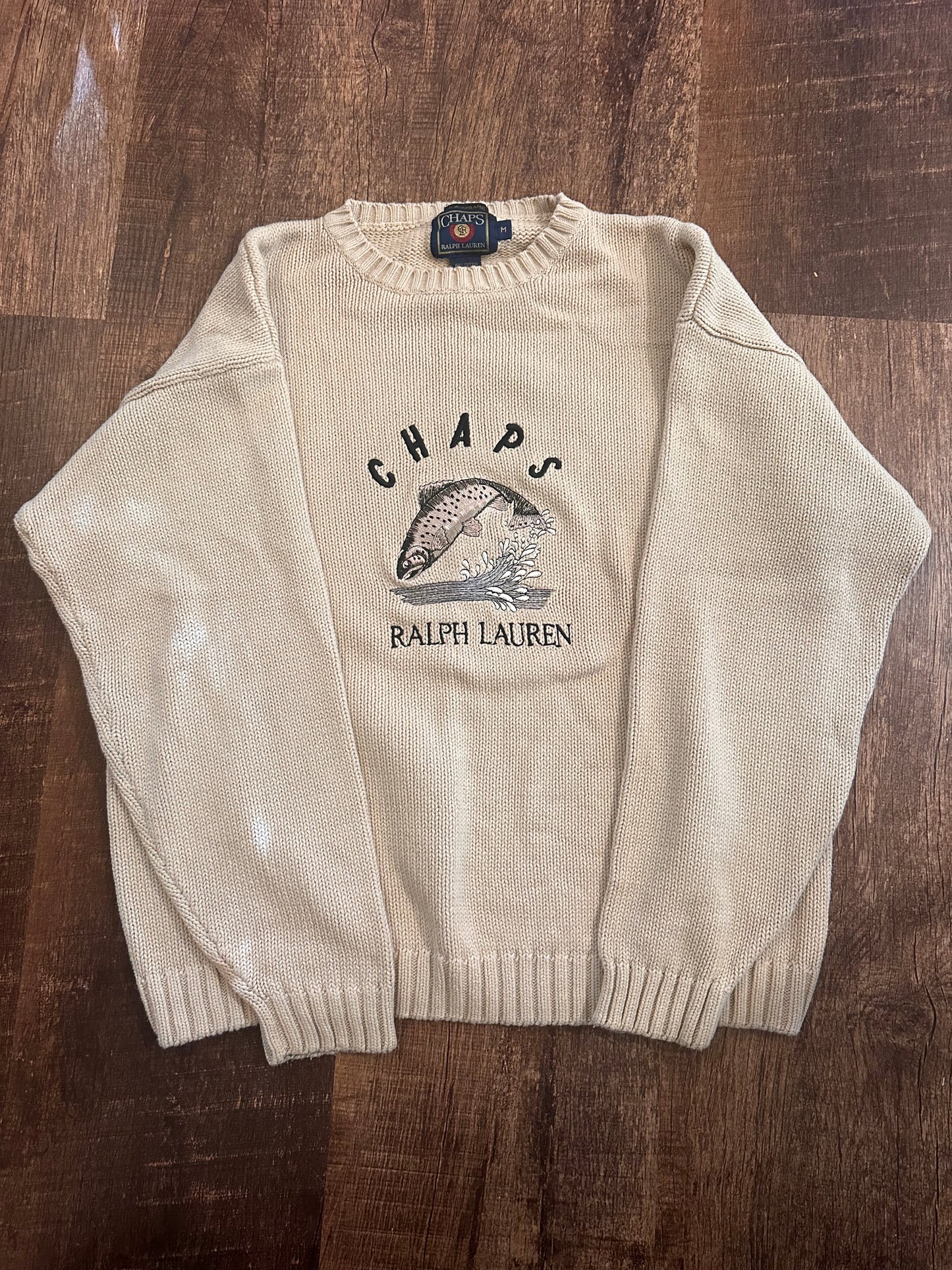 VTG Chaps RL Sweater (M) Embroidered Trout - Cream/Gray