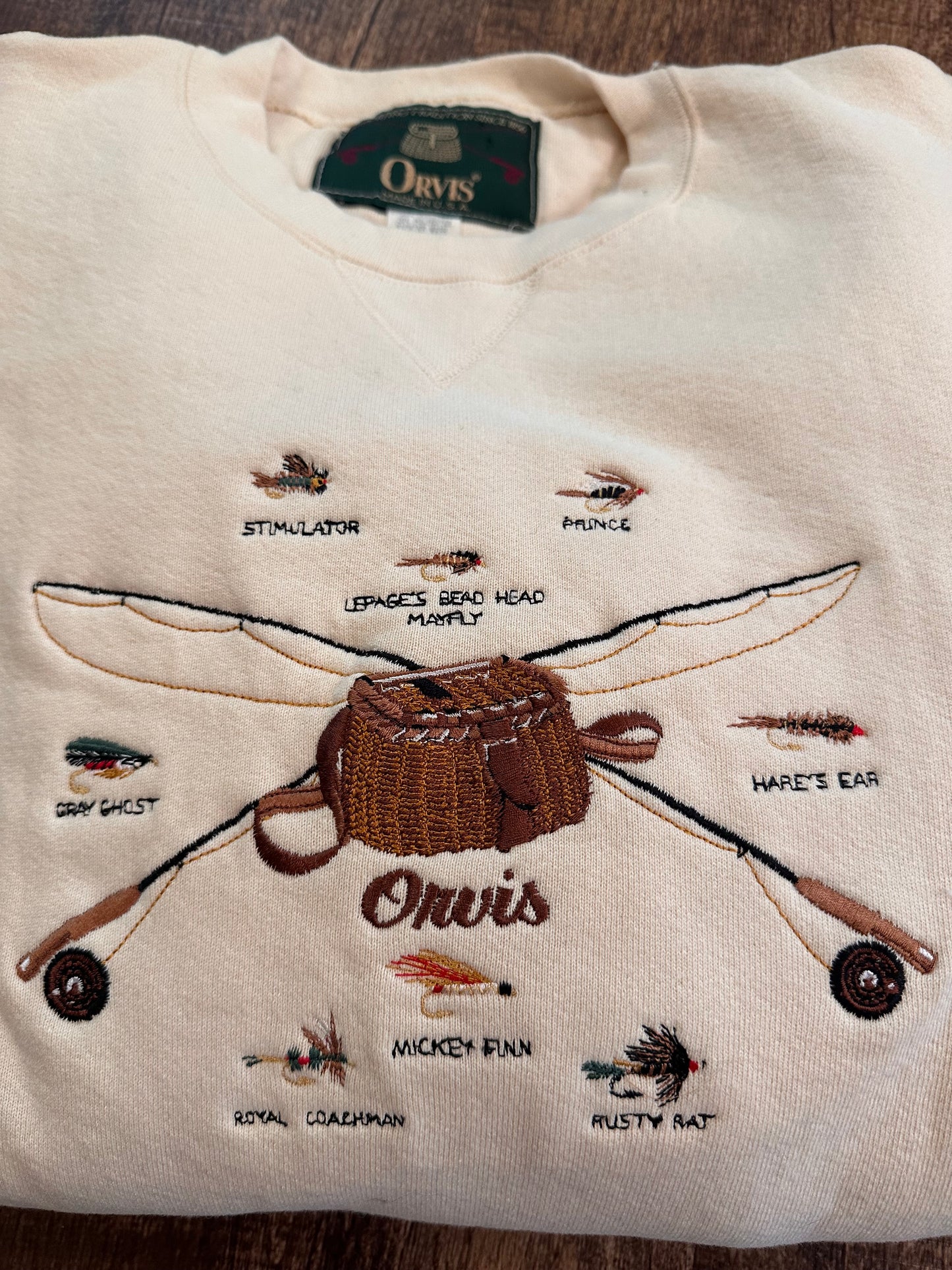 Vintage Orvis Crewneck (L) Embroidered Creel and Flies - Cream / Off white