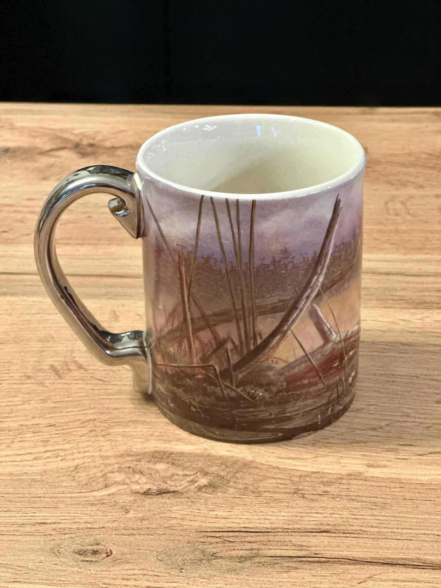 Vintage Rivers Edge Mug with Bass Fishing Scene with Silver Handle